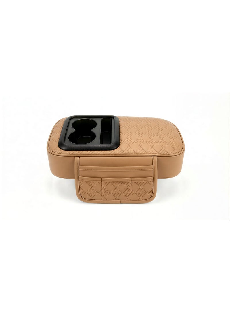 general Leather car armrest with cup holder and pockets for small items, padded design, - beige - Image 2